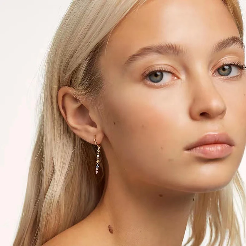 

New 925 Sterling Silver Color Zircon Long Earrings Simple Style Charm Personality Women Earrings Party Gift Exquisite Jewelry