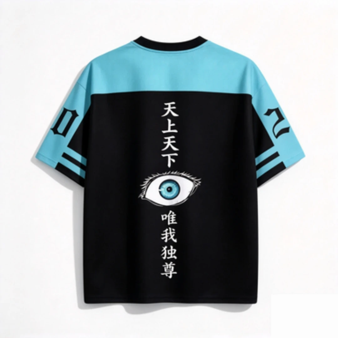 Jujutsu Battle Gojo Wu Printed Mesh Breathable V-neck Shirt Anime Cosplay Six Eyes Chinese Character Pattern Sports T-shirt