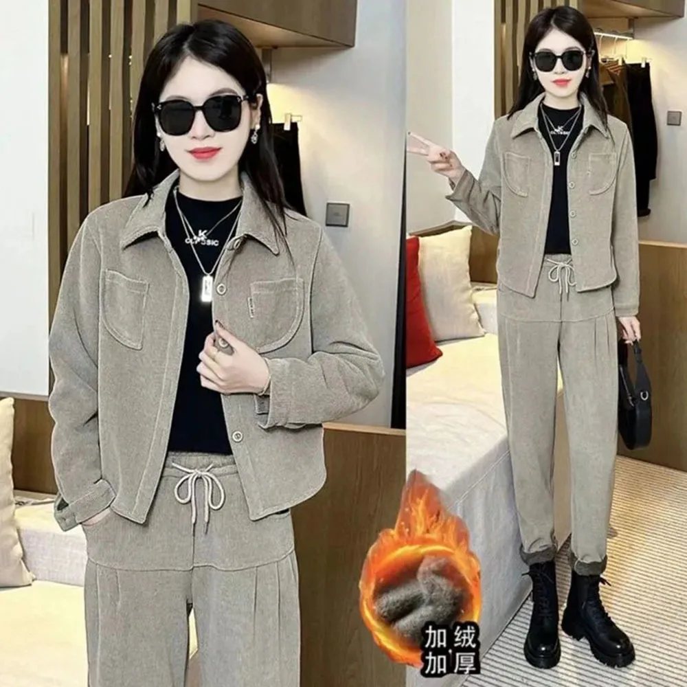 

Autumn Winter Plush Liner Thicken Pant Sets Vintage Oversize Jacket Women's + Fashion Corduroy Casual Trousers Two Piece Suits