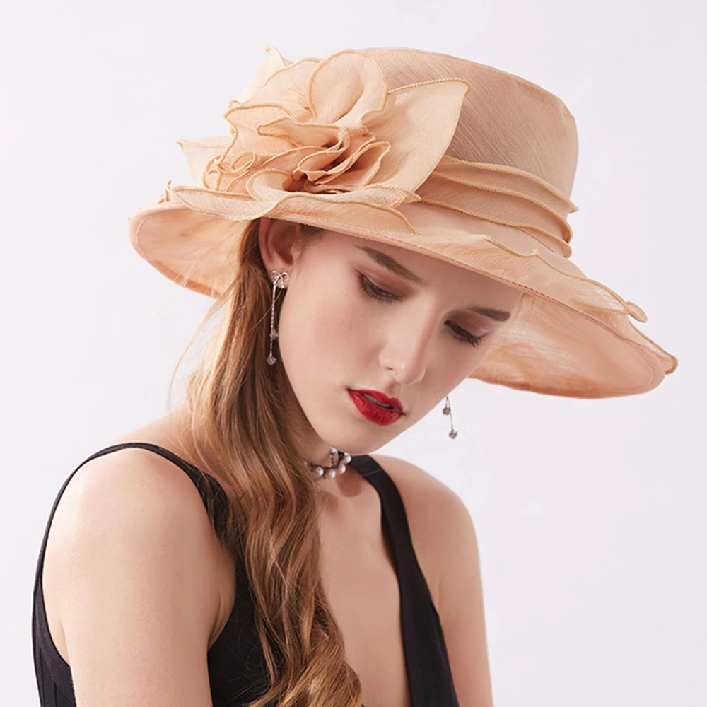 Elegant Church Kentucky-Derby Fascinators Ruffle Detail UV Protection Sun Hat Organza Flower Foldable Mesh Bucket Hat Womens