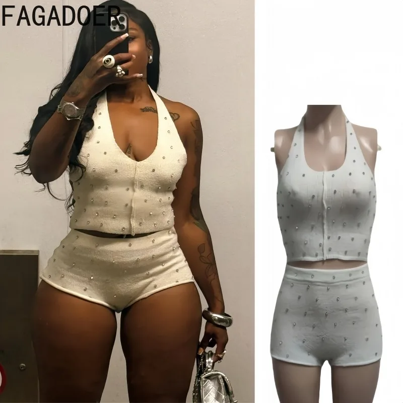 

FAGADOER Fashion Rhinestone Patchwork Two Piece Outfits Woman Halter Backless Tank Tops+Shorts Matching Suit Female Streetwear