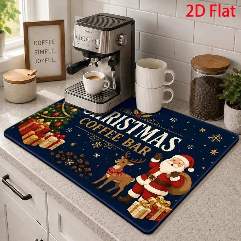 Coffee Maker Mat Starry Night Santa Claus Holiday Gift Splatter Proof Navy Blue Xmas Coaster