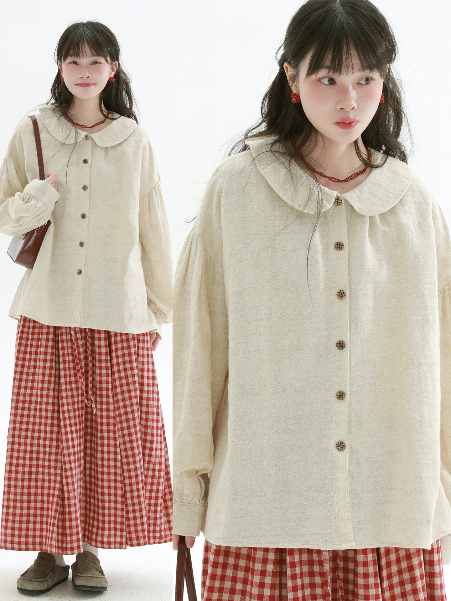 

Rare Doll Collar Long Sve irt Women's Faionable Vintage Sle Cotton Linen Blend Loose Fit College Sle Top