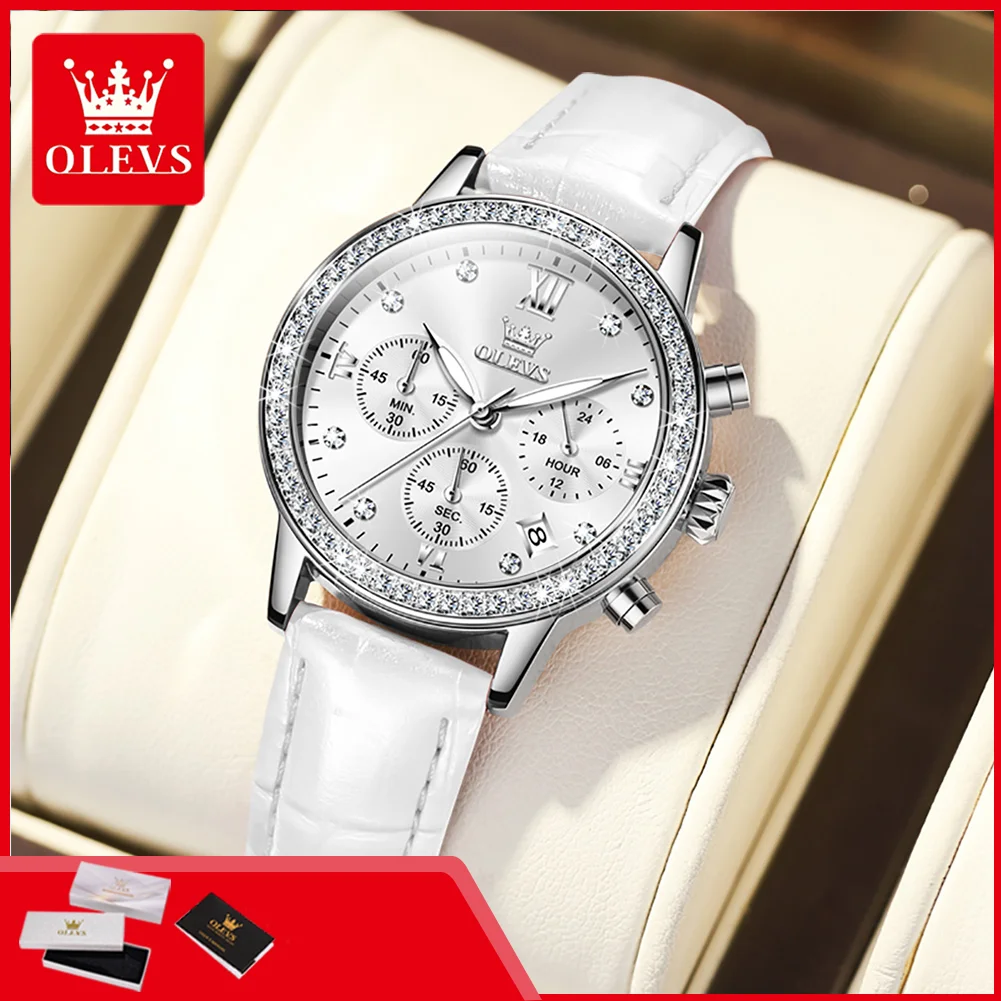 OLEVS 9933 Quartz Wristwatches for Women Leather Strap Waterproof Chronograph Calendar Diamond Bezel Multifunctional Woman Watch