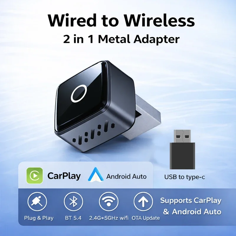 2in1 Wired to Wireless CarPlay Android Auto Adapter With USB Plug and Play,Works with 98% Factory Wired CarPlay Vehicles