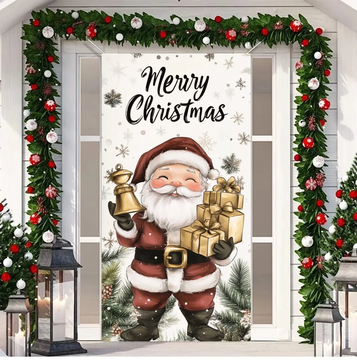 Cartoon Santa Claus Door Lining 2024 Door Cover Christmas Outdoor Decoration Home Xmas Ornament 2025 New Year Party Home Banner