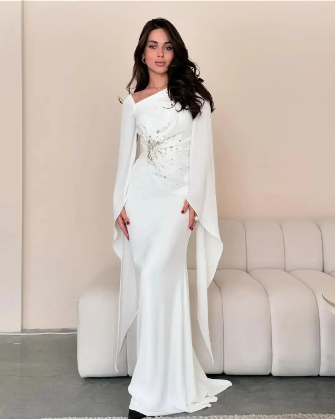 

Customized Saudi Mermaid Long Sleeves Prom Dresses Pleated Beadings Sequins Formal Women Evening Dress Floor Length Party Gowns