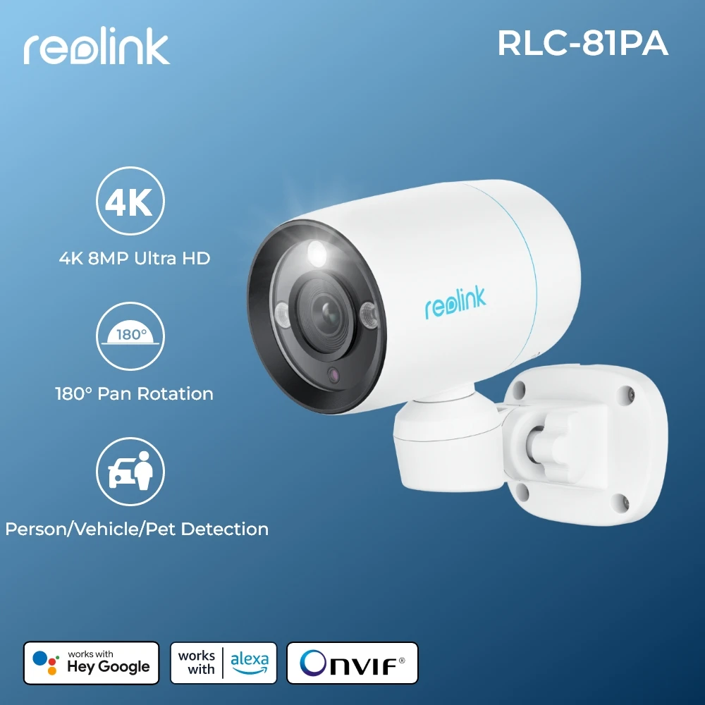 

Reolink 4K PoE камера безопасности 8MP 180 градусов панорамирование пуля автоматическое отслеживание IP-камеры безопасности с обнаружением людей/транспортных средств/животных