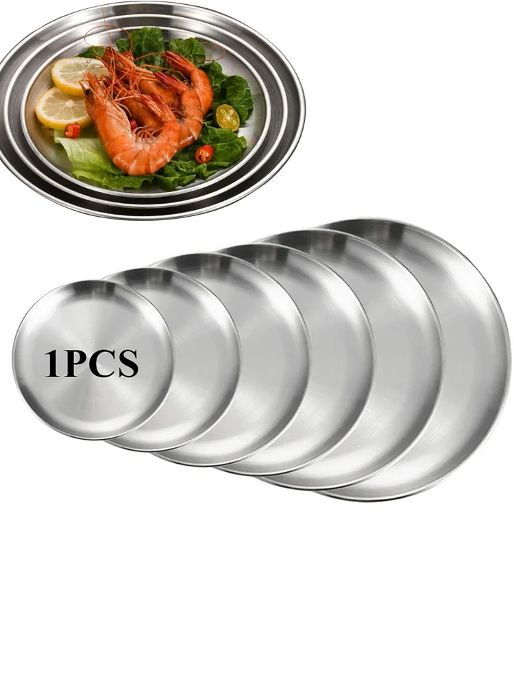 Disque à manger rond en métal en acier inoxydable, plat à cracher les os, plateau peu profond de haute qualité, disque de barbecue argenté, assiette de cuisine, vaisselle