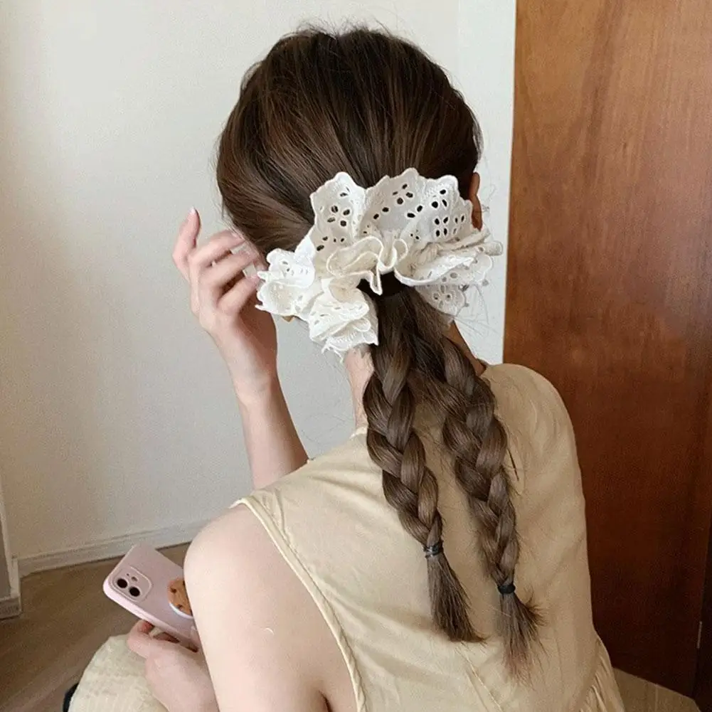 Korean Embroidery Hollowed Lace Ruffled Double-layer Scrunchie Lace Hair For Women Girls Lolita Elegant Ponytail Headwear