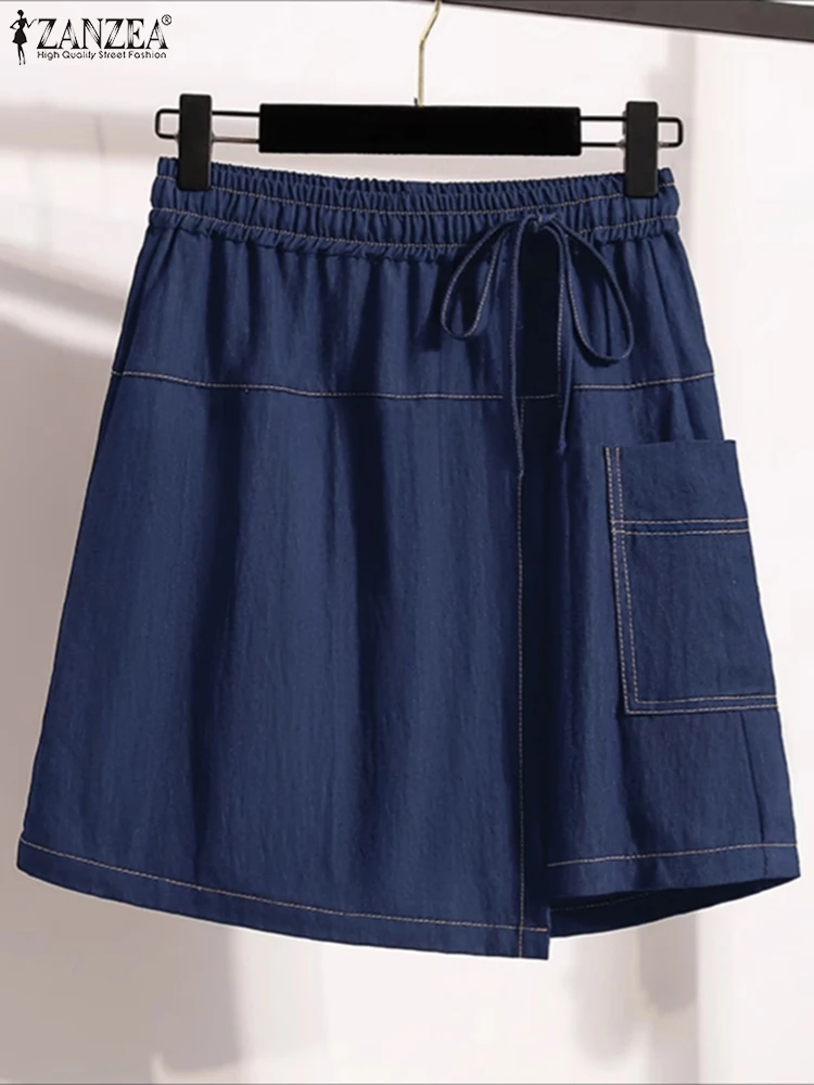 2025 ZANZEA Vintage Women Shorts Skirts Denim Bottoms Fashion Pockets Solid Elastic Waist Pantalons Casual Wide Leg Short Pants