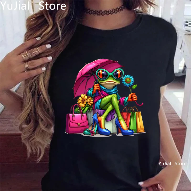 

Fashion Frog Shopping Printed T Shirt Women Funny Casual Tshirt Girls Harajuku Kawaii Clothes Summer Fashion T-Shirt Female