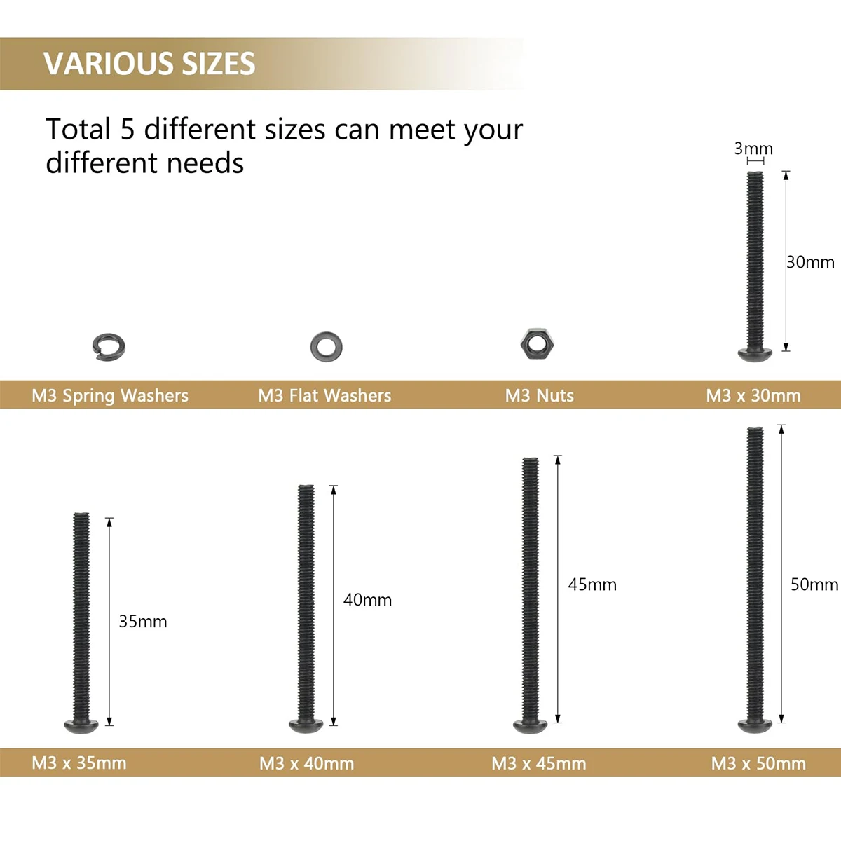 402 قطعة أسود M3 x 30/35/40/45/50 مللي متر زر رئيس المقبس المسمار الجوز غسالة كومبو عدة ، الصف 10.9 سبائك الصلب