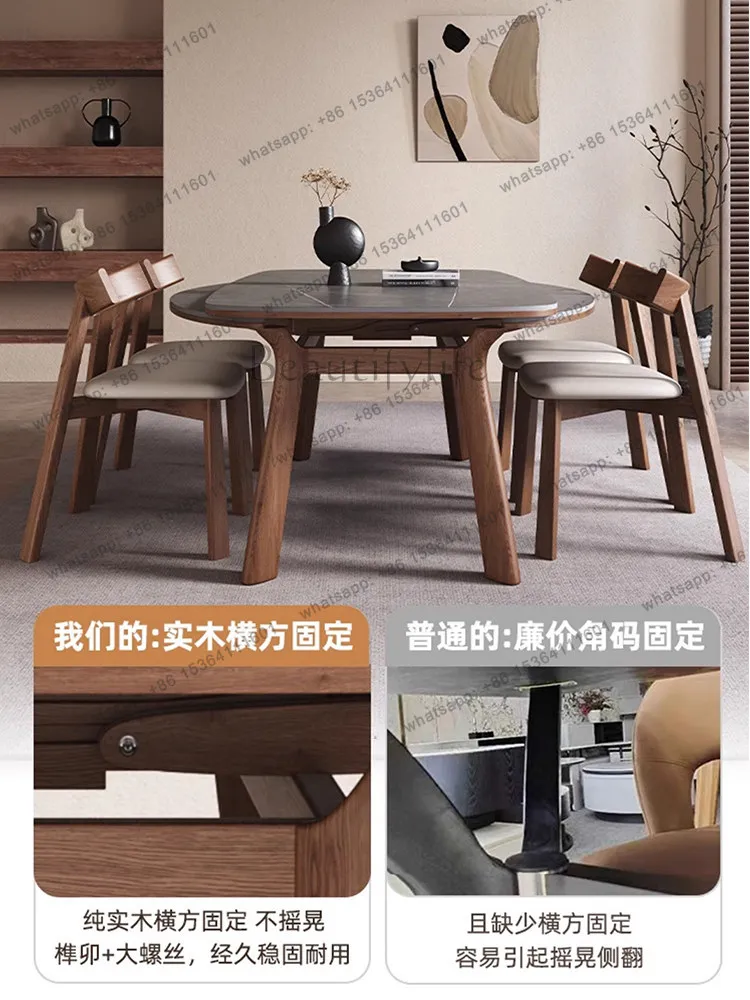 Retractable rock slab solid wood variable round table light luxury square and round dual-purpose dining table