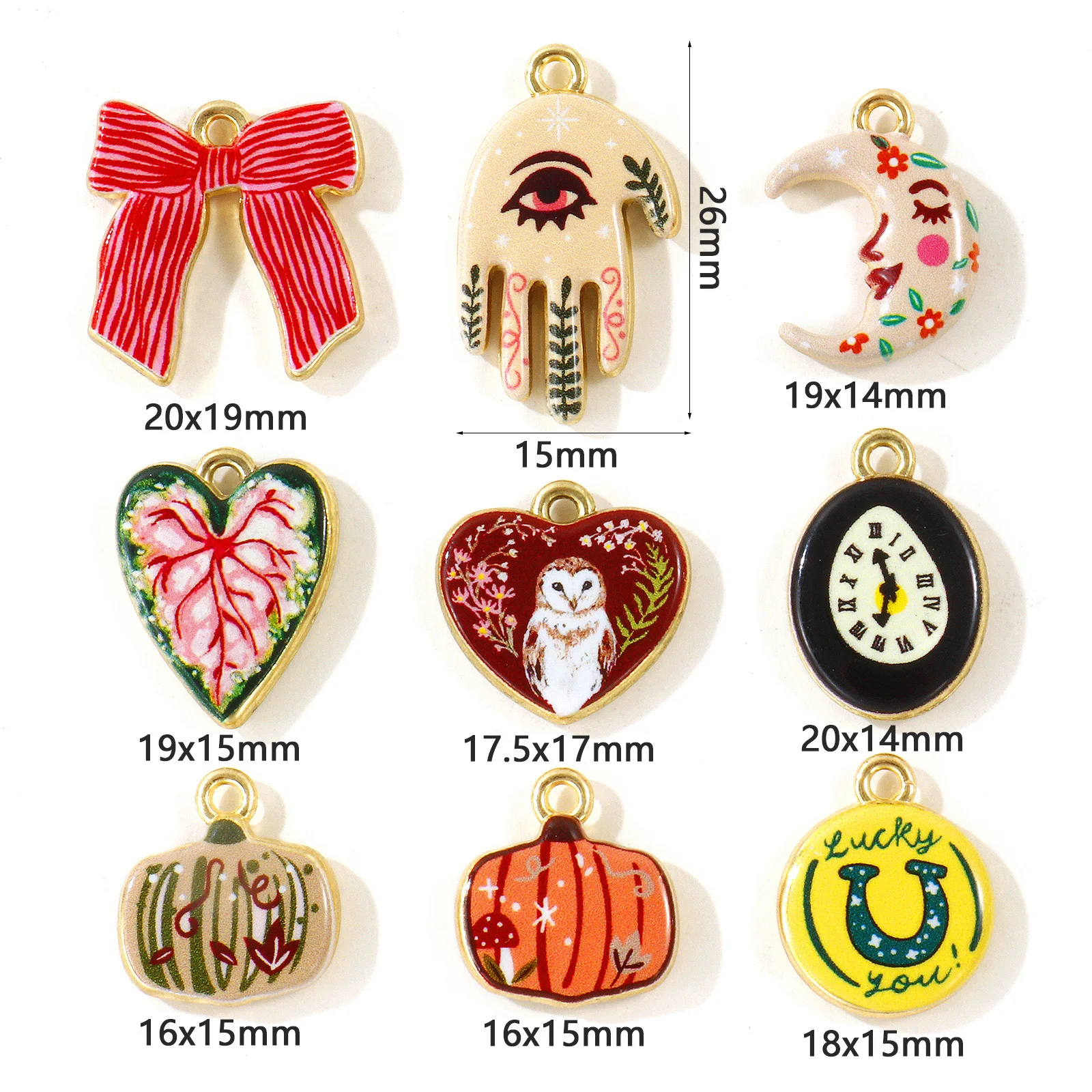 5pcs Multicolor Double Sided Printed Bow Moon Heart Pendants Zinc Alloy Halloween Pumpkin Pendants Women DIY Necklace Jewelry