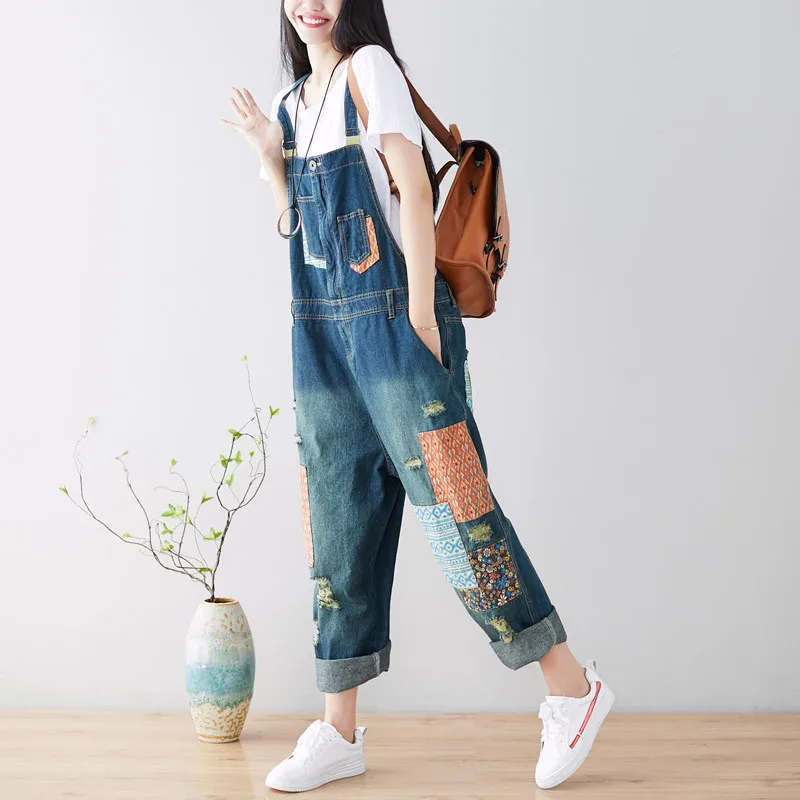 Perna larga feminina jeans rasgado, jeans angustiado, calça buraco, comprimento do tornozelo, solto, bolsos vintage, Streetwear emendado