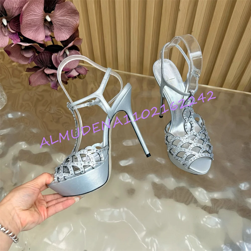 Luxury Silvery Rhinestone Platform Stiletto Sandals Women Hollow Ankle Strap Open Toe Elegant Wedding Evening Super High Heels