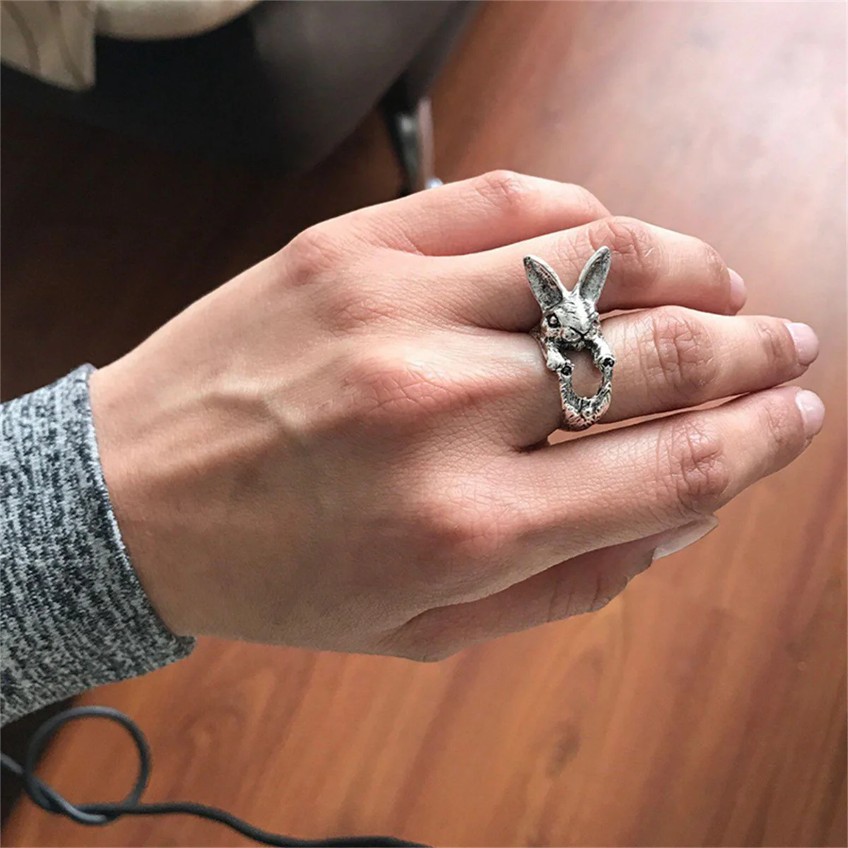Vintage Chic Lovely Rabbit Finger Rings For Women Girls Bunny Animal Rabbit Ear Moon Knuckles Opening Rings Charm Jewelry Gifts