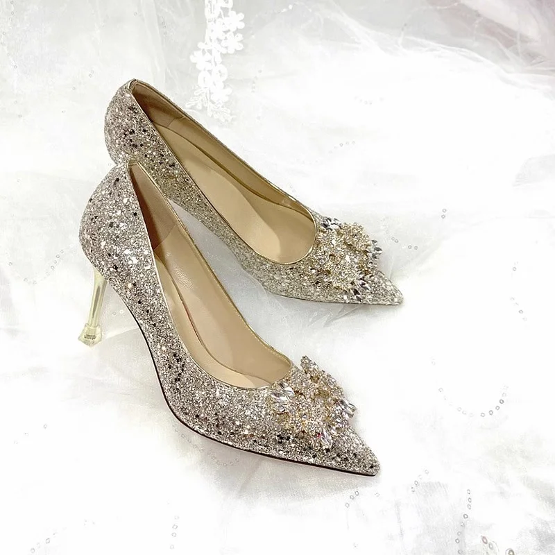 

Wedding Shoes for Women Luxury Golden Silver Crystal Flower Decor High Heels Stiletto Single Shoes Bride's Bridesmaid's Shoes