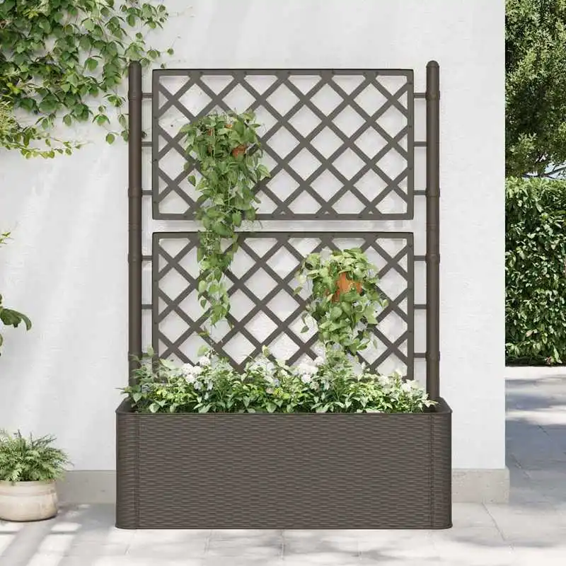 Bac de jardin surélevé avec treillis et système d'auto-irrigation Mokka, jardinière en acier résistant aux intempéries au look rustique, durable pour la culture d'herbes aromatiques, de légumes et de plantes ornementales dans la cour ou sur la terrasse.