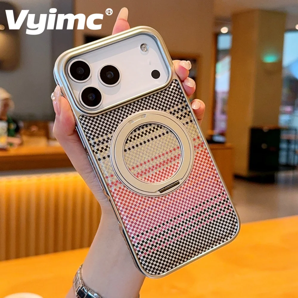 

Plating 360° Kevlar Rotating Stand Holder Wireless Charge Case For iPhone 17 Pro Max 16 15 14 Plus Carbon Fiber Magnetic Cover