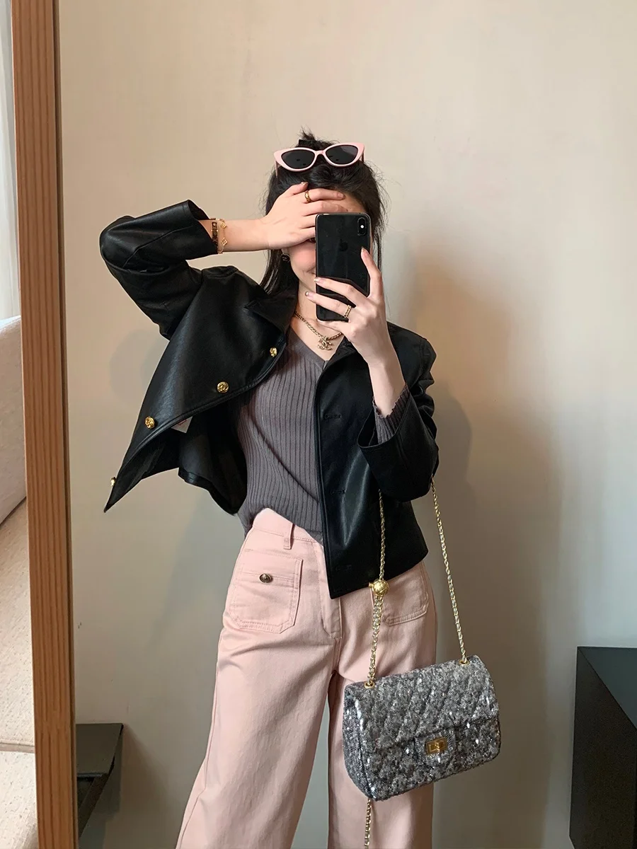 

MUKOK Manchester Ci Bla Gold Series Women's Faion ort Jaet Spring New Sle Sli ort Outerwear Leather Coat