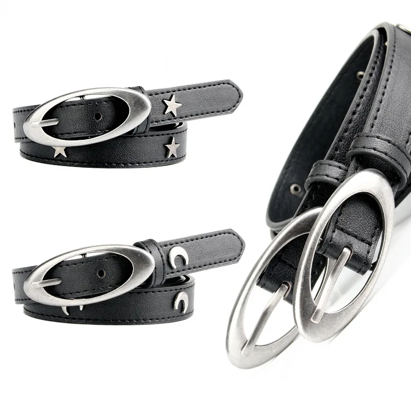 Trendy Crescent-Shaped Studded Vintage Leather Belt with a Punk Style Trendy Unique and Versatile Star-Patterned Women's Belt