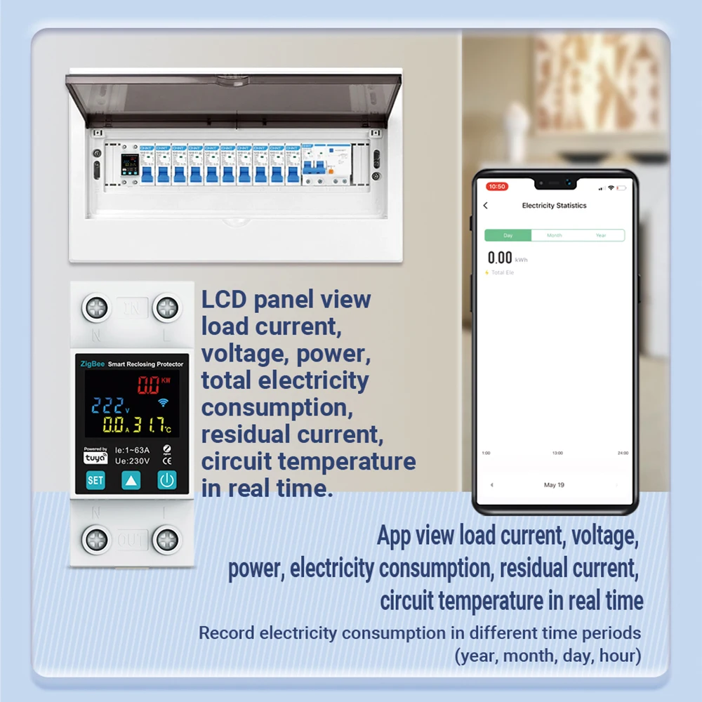 SmartLife TUYA ZigBee 2P/63A Circuit breaker Earth Leakage Over Under Voltage Protection Protector Relay Switch Energy kWh Meter