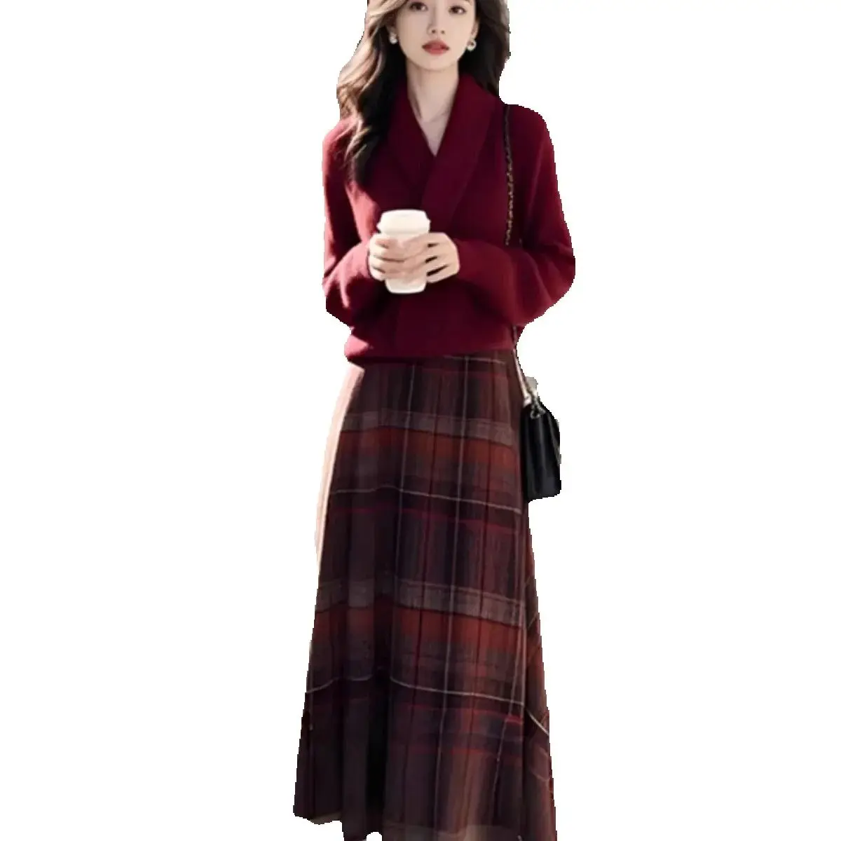

2Pcs Set Women Plaid Skirt Set Autumn Winter Casual Outfit V-neck Sweater Dress