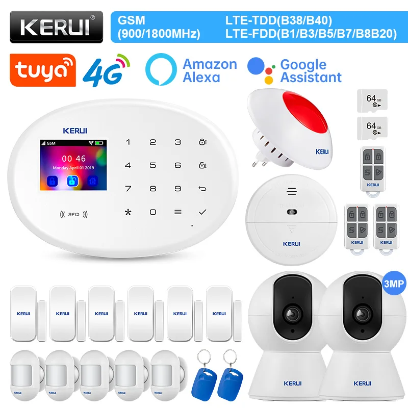 

KERUI Smart Home W204 Alarm System 4G GSM WIFI Garage Alarm Kit with Motion Sensor RFID Tag Door Detector Siren Indoor Camera