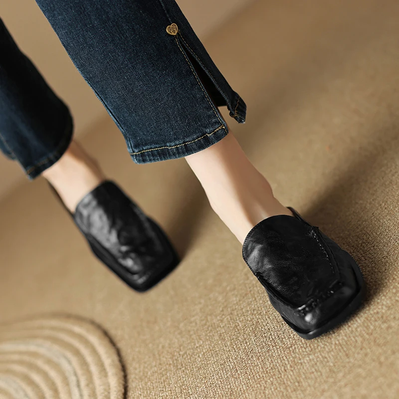 

Spring Simple Shoes Woman Basic Style Mules Girls Square Toe Mullers Casual Slippers Daily Wear Sheepskin Mules Women Flats