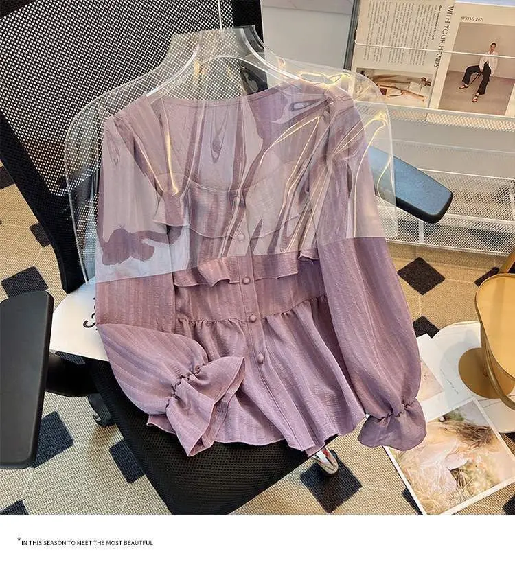 Camicia da donna taglie forti Fat Mm in primavera Camicia a maniche lunghe dal design elegante e versatile con bordo arricciato