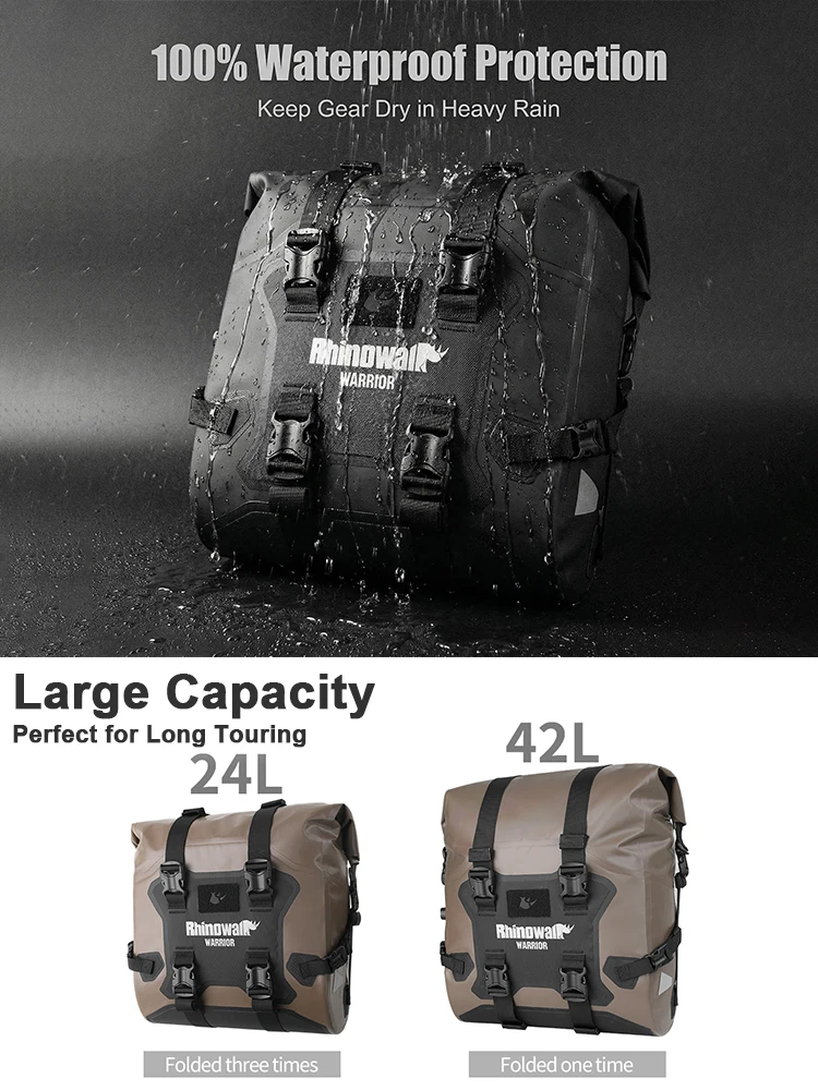 Rhinowalk Motorcycle Pannier Bag 24L/48L Waterproof Side Bag Quick Release Universal Fit Roll Top Saddle Bag Touring ADV Warrior