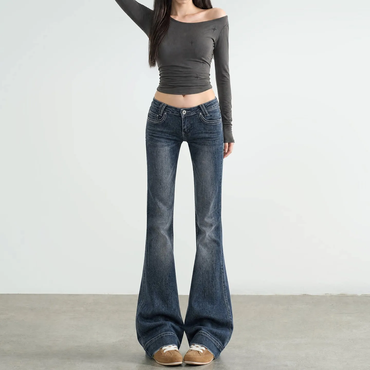 Retro American Deep Blue High Waist Flared Jeans Women's Autumn New Small Size  Hoof Flared Pants Cotton Stretch Denim