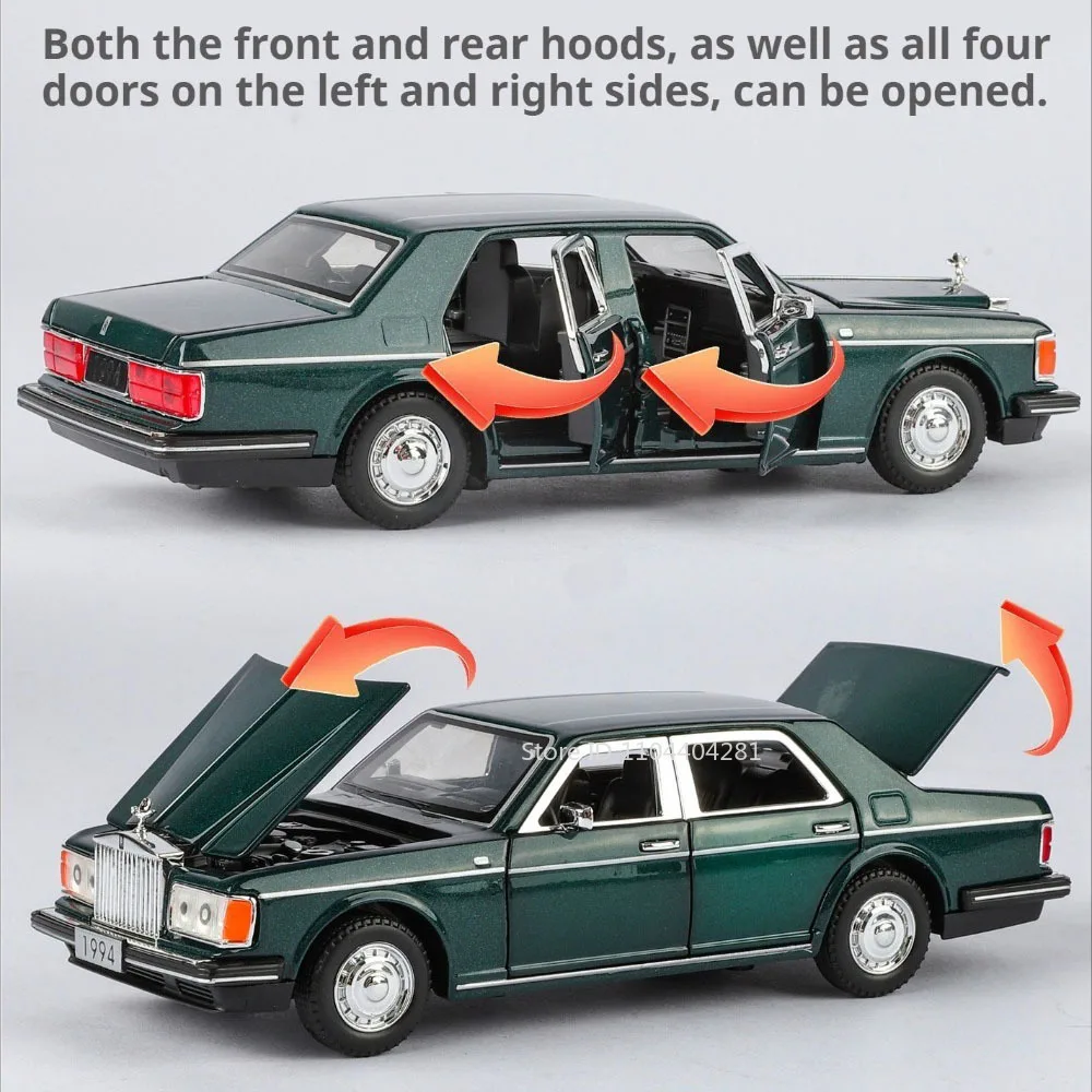 1:32 Rolls-Royce Silver Spur ‌   Fantasma I ‌   Coche Vintage de aleación, modelo fundido a presión, juguetes, luz de sonido, puertas extraíbles, decoración del hogar abierta