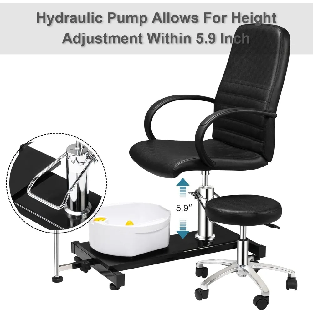 Chaise de pédicure noire avec tabouret et bain de pieds à bulles, chaise Pedi hydraulique pour module d'ongle, station de salon de spa de beauté