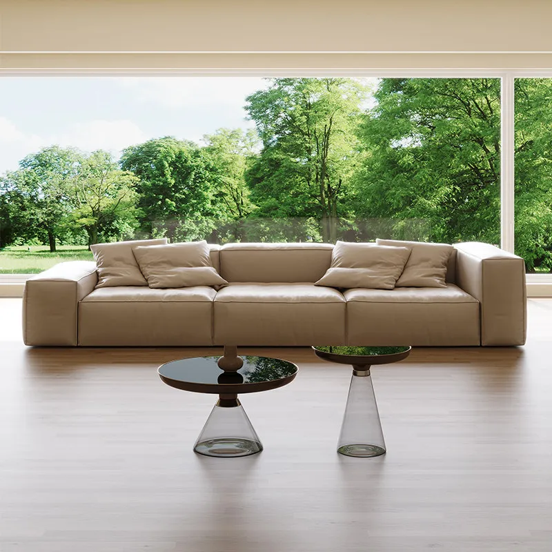 #% Italian Minimalist Genuine Leather Three Seat Cube Sofa High-Low Armrests Modern Designer Straight Row Living Room Movable