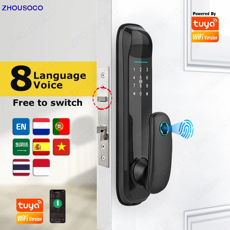 

8 Language Tuya Smart Electronic lock WiFi APP Biometric Fingerprint Smart Door Lock Password/Card/Key/APP Unlock Home Security