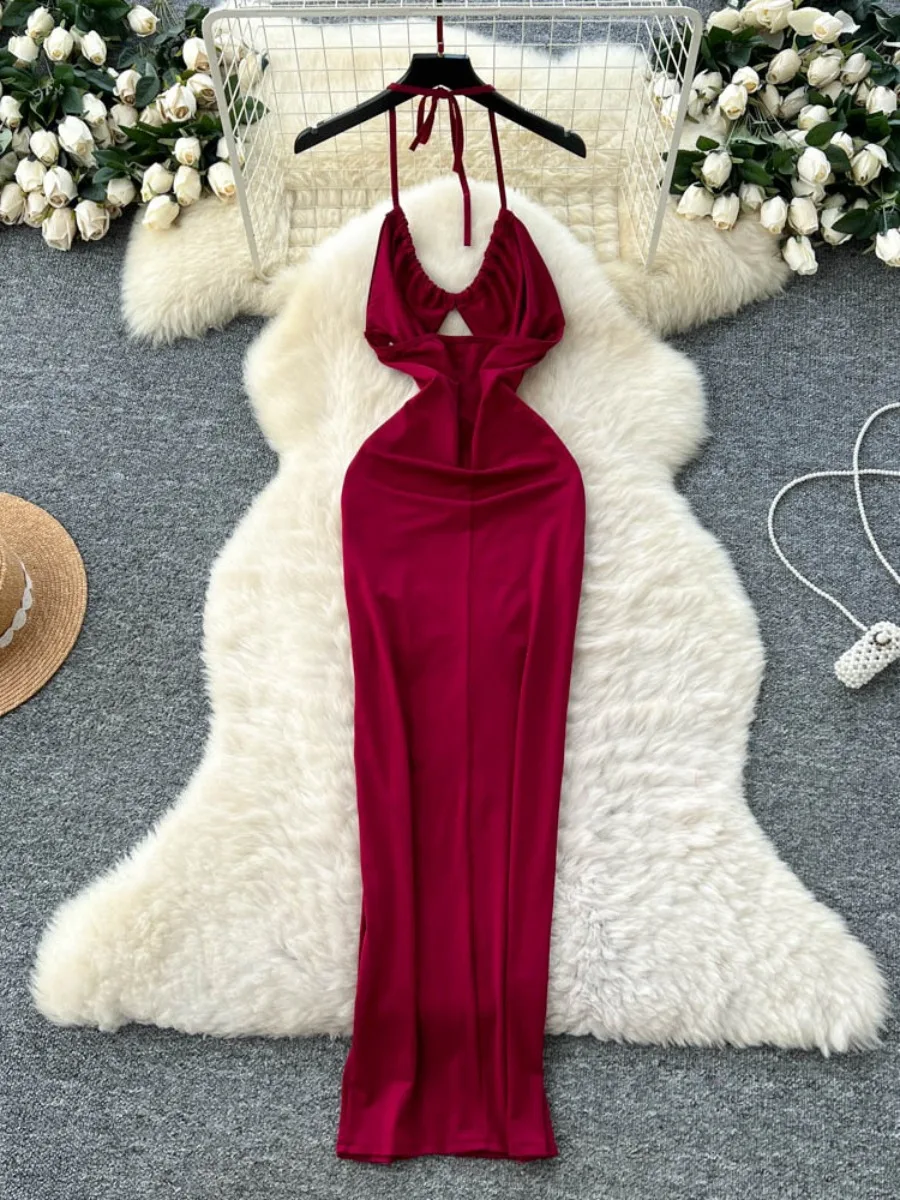 Foamlina Sexy Waist Cutout Halter Strap Dress Women Solid Color Slim Fit Flattering Summer High Slit Backless Maxi Dress