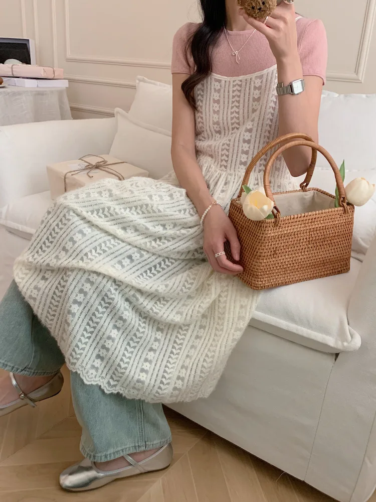 Women Sleeveless One-piece Dress Summer Clothes 2024 New Chic Korean Popular Style Female See Through White Lace Cami Dress