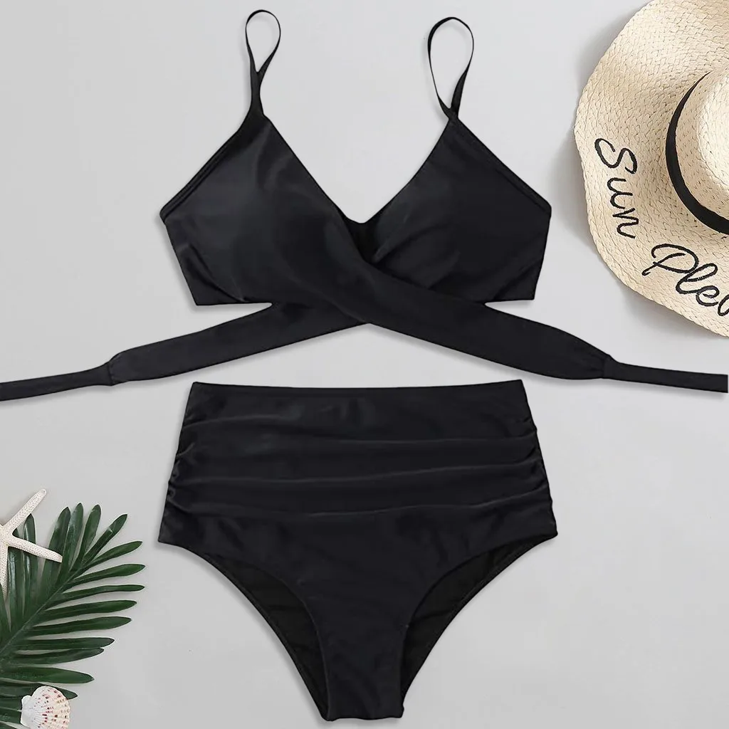 Ladies High Waisted Back Lace Up Bikini Sets Sexy Push Up Swimsuits Two Piece Outfit Vintage Ruched Solid Color Swimwears