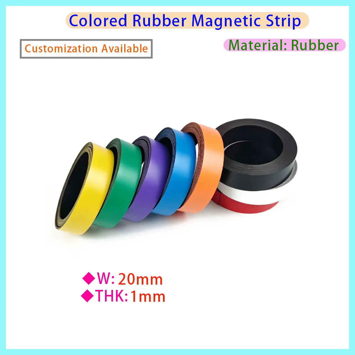 Colored Rubber Flexible Magnetic Strip Magnetic Process Tape 20mm X 1mm (width X Thickness), Used for DIY and Teaching