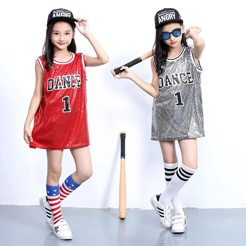 

Sequin Jazz Dance Costume Girls Hip Hop T-shirt Tank Top with Socks Stage Performance Outfits Child Modern Dress Clothing 2Color