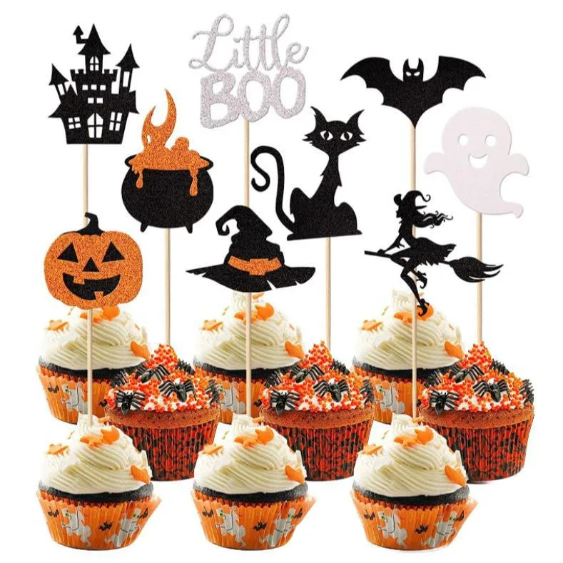 

9pcs/set Ghost Halloween Cupcake Flag Little Boo Castle Pumpkin Witch Hat Cat Cake Topper For Halloween Party Cake Baking Decor