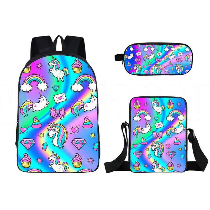 Harajuku Youthful Rainbow Pink Unicorn 3D Print 3pcs/Set Student Travel bags Laptop Daypack Backpack Shoulder Bag Pencil Case
