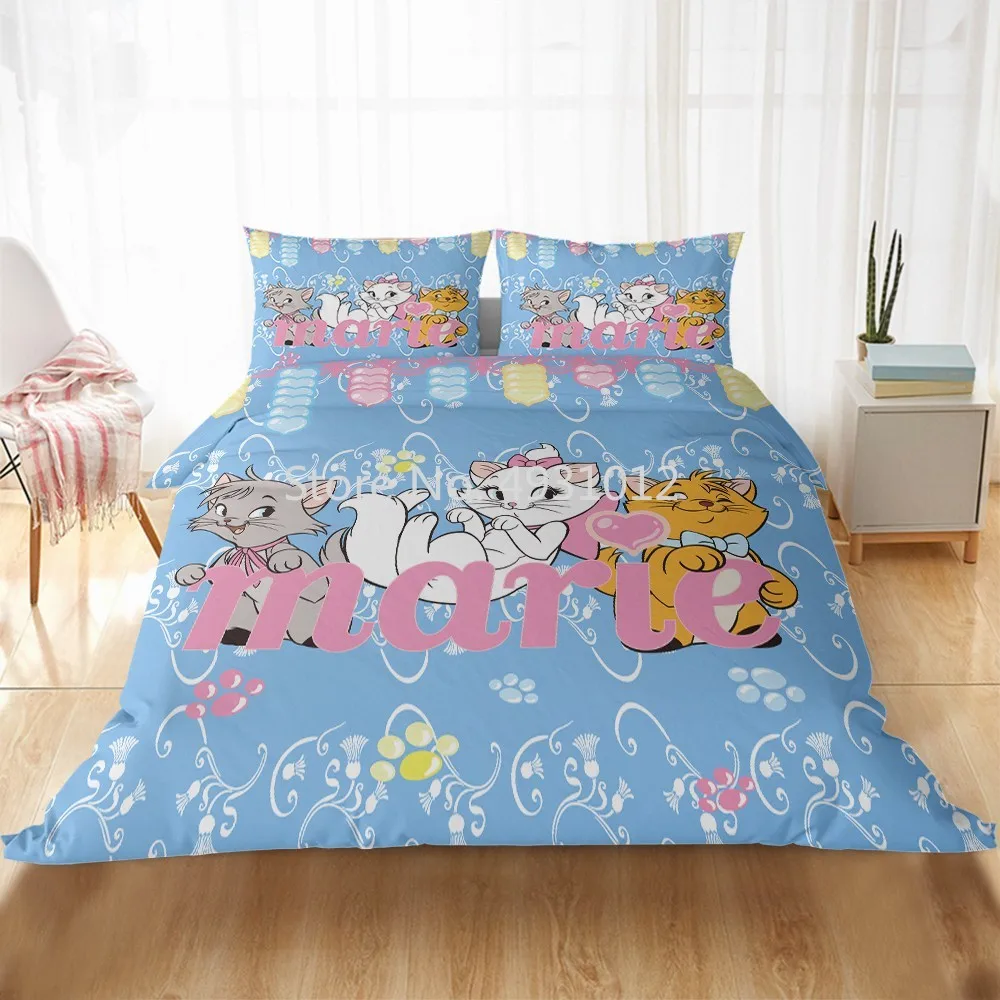 

Cute Marie Cat and Friends Cartoon Sky Blue Bedding Sets Queen Twin BedLinen Duvet Cover Comforter Children Girls Boys Gift