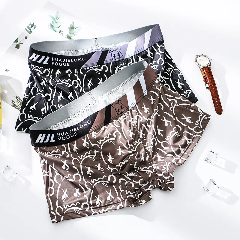 

Men's Ice Silk Boxers Underwear Fashion Bear Printed Panties Mid Waist Slimming Cool Breathable Thin U Convex Pouch Underpants