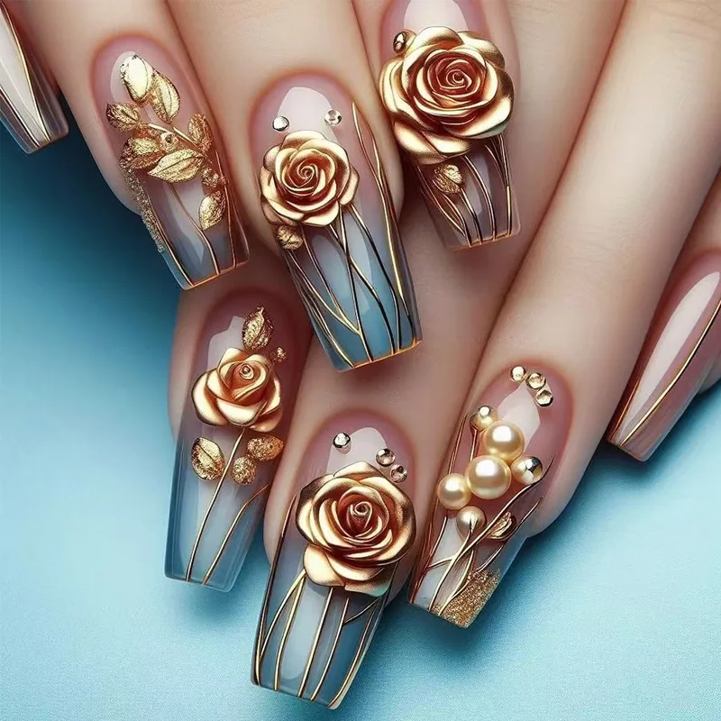 3D-Blume zum Aufdrücken der Nägel, Roségold-Blume, zum Aufdrücken der Nägel, Ballerina, mittelgroße künstliche Nägel, goldenes Rosenherz, künstliche Nägel, Rosenblumen