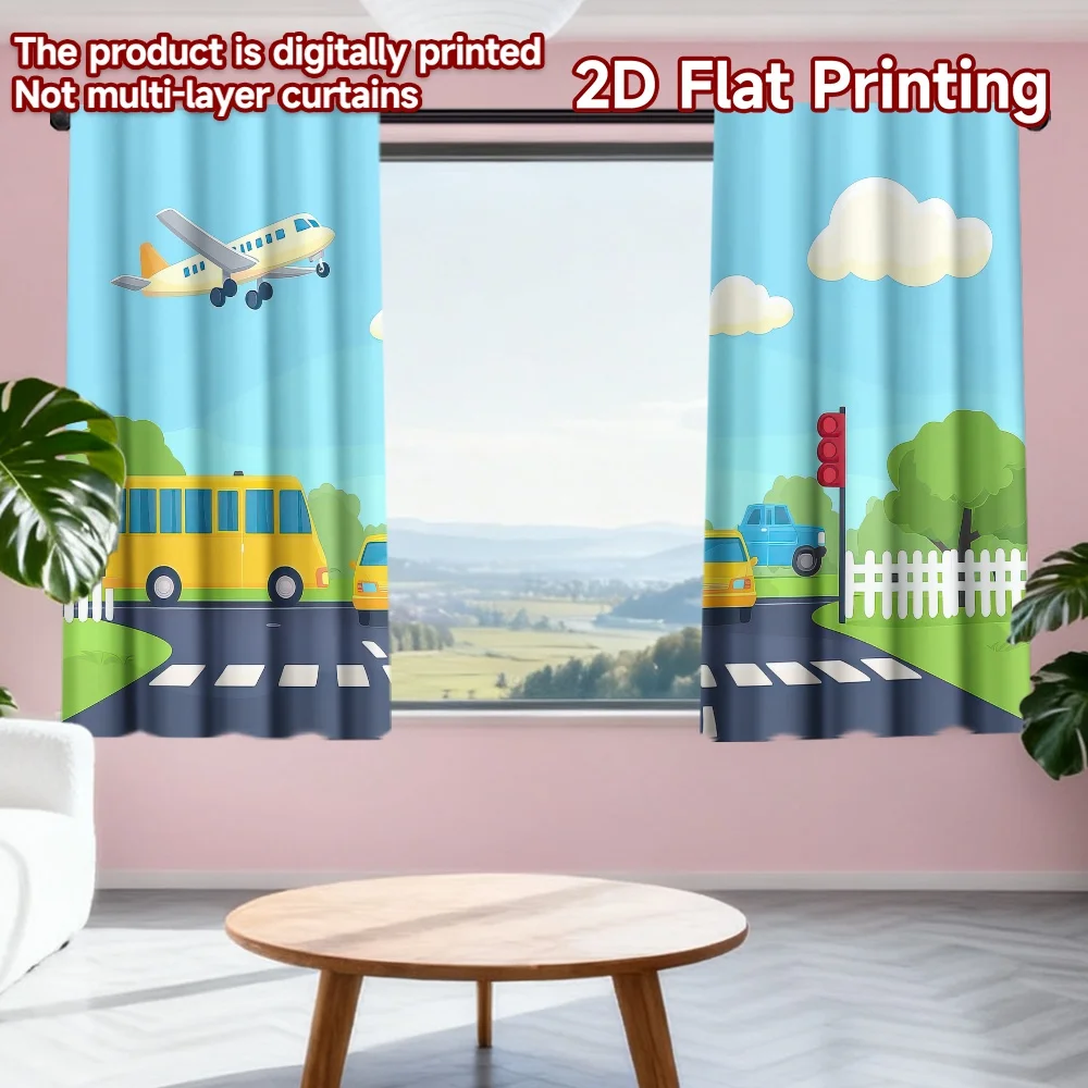 

2D flat printing 2pcs Drapes Colorful Traffic Scene Digital Printed Polyester Drapes Festive Curtains Use for Festive and Winter