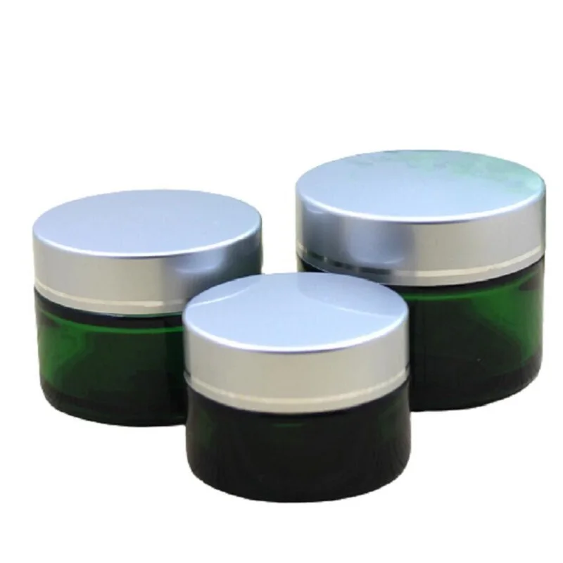 

Empty Glass Cream Jar Green Eye Cream Jars Pot Lotion Cosmetic Packaging 20/30/50G Face Cream Container Matte Silver Lid 15pcs